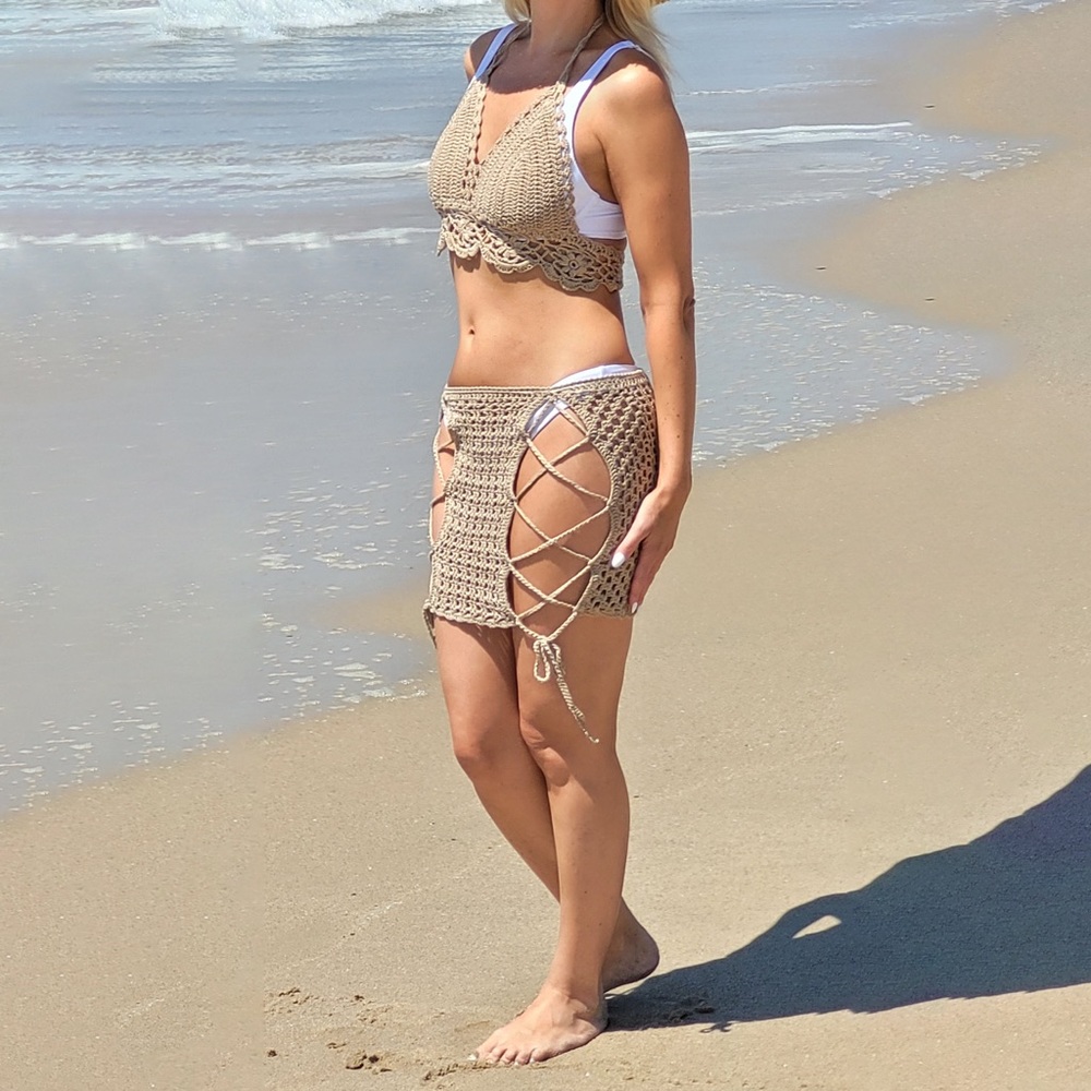 Beige Mini Crochet Beach Skirt Cover-Up